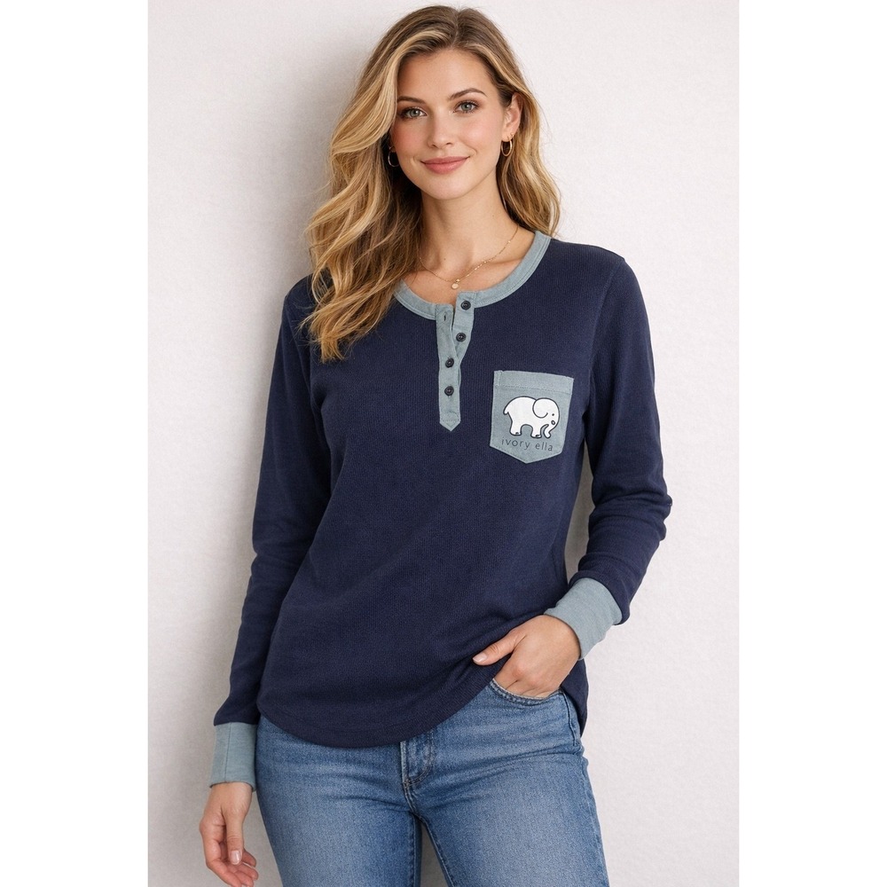 Women's Ivory Ella Navy Waffle Knit Henley Elephant Top Cozy Preppy Size M